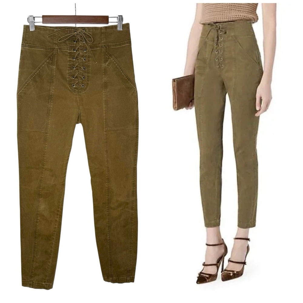 A.L.C. Kyle Front Lace Up High‎ Rise Ankle Pants In Thyme Size 8 Cotton Twill